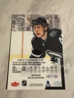 2025-26 Fleer Flair Luca Cagnoni Purple RC /199 Sharks #176 - Image 2
