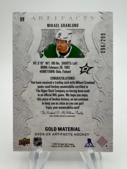 2025-26 Artifacts Hockey MIKAEL GRANLUND Gold Material Game Worn Patch /299 #99 - Image 2