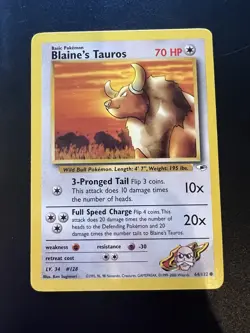 Blaine’s Tauros 64/132 Gym Heroes Unlimited 2000 Pokemon Card Common LP - Image 1