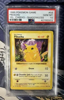 Pokemon TCG Pikachu 58/102 Base Set Shadowless 1999 Vintage WOTC PSA 10 Gem Mint - Image 3
