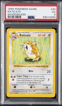 1999 POKEMON BASE SET SHADOWLESS #40 RATICATE PSA 3 - Image 1