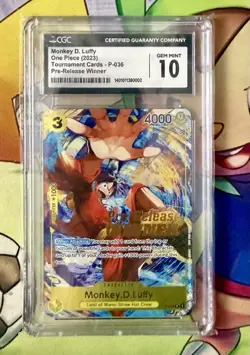 2023 ONE PIECE PROMOS OP04-PRE-RELEASE-WINNER #036 MONKEY D. LUFFY CGC 10 - Image 1