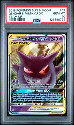 2019 POKEMON SUN & MOON TEAM UP #53 GENGAR & MIMIKYU GX PSA 10 - Image 1