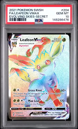 PSA 10 - Pokemon Leafeon Vmax - Evolving Skies -204/203 -Secret Rare Rainbow TCG - Image 1
