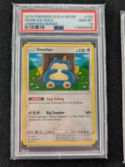 2019 Pokemon Snorlax Holo Sun & Moon Unbroken Bonds 158/214 PSA 10 PSA 9 Seq# - Image 2