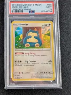 2019 Pokemon Snorlax Holo Sun & Moon Unbroken Bonds 158/214 PSA 10 PSA 9 Seq# - Image 3