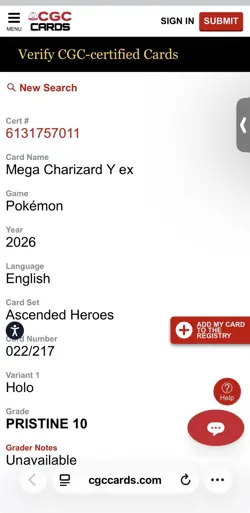 Pristine 10 CGC - Mega Charizard Y EX 022 - English Ascended Heroes Holo Pokemon - Image 3