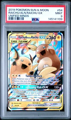 PSA 9 Mint Raichu Alolan Raichu GX 2019 Unified Minds 54/236 Pokemon Card - Image 1