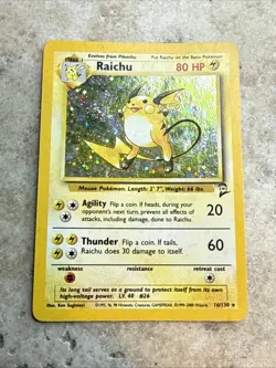 Vintage Pokemon TCG Raichu Base Set 2 Holo Unlimited Holo SWIRL Rare Card 16/130 - Image 1
