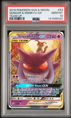2019 POKEMON SUN & MOON TEAM UP #53 GENGAR & MIMIKYU GX PSA 10 - Image 1