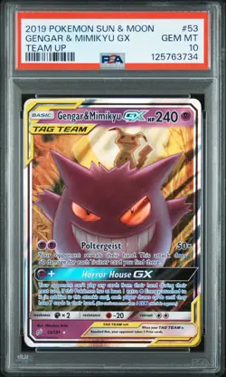 2019 POKEMON SUN & MOON TEAM UP #53 GENGAR & MIMIKYU GX PSA 10 - Image 1