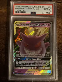2019 POKEMON SUN & MOON TEAM UP #53 GENGAR & MIMIKYU GX PSA 10 - Image 1