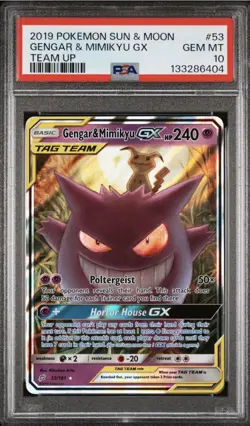 2019 POKEMON SUN & MOON TEAM UP #53 GENGAR & MIMIKYU GX PSA 10 - Image 1