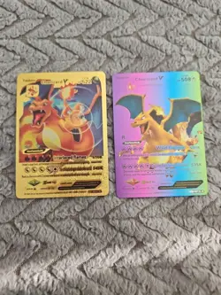 X2 Charizard V Gold Foil Fan Art Vinyl Textured Collector Cards X2 Claw Slash - Image 1