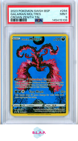 GALARIAN MOLTRES CROWN ZENITH TIN POKEMON SWSH BLACK STAR PROMO 2023 284 PSA 9 - Image 1