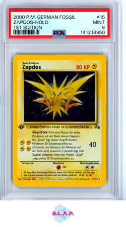 ZAPDOS-HOLO 1ST EDITION POKEMON GERMAN FOSSIL 2000 15 PSA 9 - Image 1