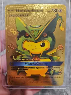 Pikachu Mega Rayquaza Gold Foil Fan Art Textured Collector Pokemon Tag Cos Play - Image 1