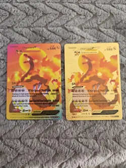 X2 Charizard Vmax Gold Foil Fan Art Vinyl Textured Collector Cards X2 Hellfire - Image 1