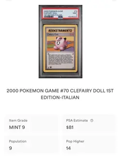 POKEMON PSA 9 CLEFAIRY DOLL 70/102 SET BASE 1st PRIMA EDIZIONE ITALIANO LOW POP - Image 4