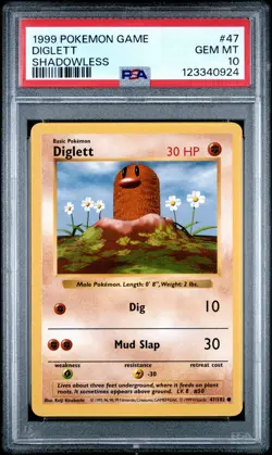 1999 POKEMON GAME SHADOWLESS #47 DIGLETT PSA 10 - Image 1