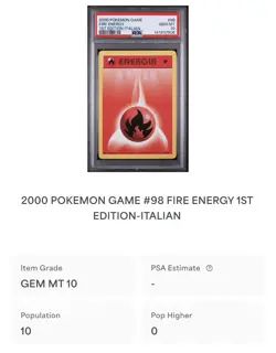 POKEMON PSA 10 ENERGIA FIRE 98/102 SET BASE 1st EDIZIONE ITALIANO 2000 POP 10!🌍 - Image 4