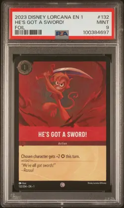 2023 DISNEY LORCANA EN 1-THE FIRST CHAPTER FOIL #132 HE'S GOT A SWORD! PSA 9 - Image 1