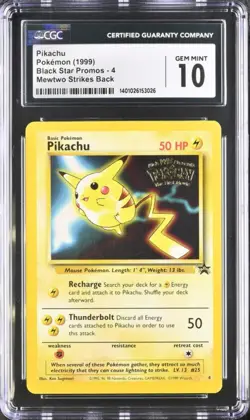 CGC 10 GEM MINT Pikachu # 4 WOTC Black Star PROMO WB Stamped - Image 1