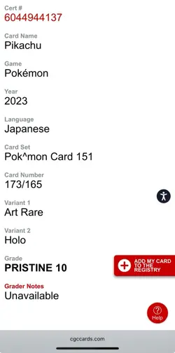 🔥 CGC Pristine 10 Pikachu 2023 Japanese 151 173/165 Art Rare Pokemon Card 🔥 - Image 3