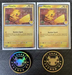 TWO Pikachu Pokemon Day 2026 051/162 30th Anniversary Promo Cards ONE TAIL SWIRL - Image 1
