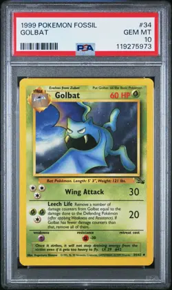 1999 POKEMON FOSSIL #34 GOLBAT PSA 10 GEM MINT - Image 1