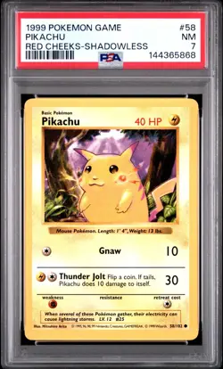1999 Pokemon Base Set (Shadowless) PIKACHU (RED CHEEKS) #58/102 NM PSA 7 - Image 1