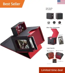 Minimalist Faux Leather Card Deck Box with 35pt Holder & Dice Tray - Black/Red - Image 1