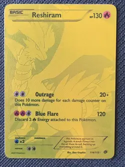 Pokemon Reshiram 114/113 Gold Secret Rare Holo Full Art 130 HP 2013 English - Image 1