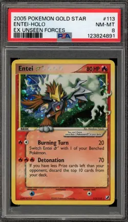 Pokemon Entei Gold Star EX Unseen Forces Holo Ultra Rare #113 PSA 8 - Image 1