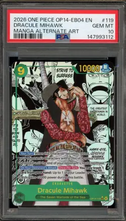 One Piece CCG Dracule Mihawk OP14-EB04 Manga Alternate Art OP14-119 PSA 10 - Image 1