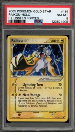 Pokemon Raikou Gold Star EX Unseen Forces Holo Ultra Rare #114 PSA 8 - Image 1