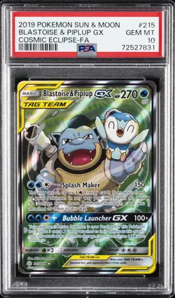 2019 POKEMON SUN & MOON COSMIC ECLIPSE FULL ART/BLASTOISE & PIPLUP GX PSA 10 - Image 1