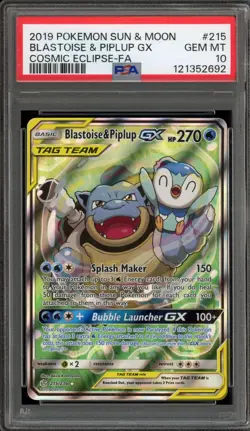 Pokemon Blastoise & Piplup GX Cosmic Eclipse Full Alt Art #215 PSA 10 Gem Mint - Image 1