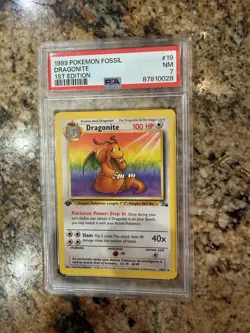 DRAGONITE 1999 POKEMEN FOSSIL 1ST EDITION RARE NON HOLO CARD 19/62 - PSA NM 7 - Image 2