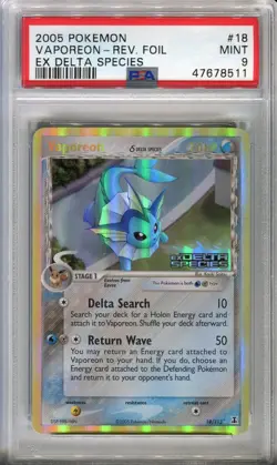 PSA 9 MINT Pokemon Vaporeon Reverse Holo Rare 2005 ex Delta Species #18/113 - Image 1