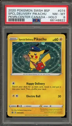 Pokemon Special Delivery Pikachu P.M. Center Canada Holo Promo SWSH074 PSA 8 - Image 1