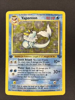 Vaporeon 80 HP Holo Rare Pokemon TCG Jungle 12/64 1st Edition Wizards Card - Image 1