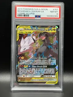PSA 8 NM-MT Reshiram & Zekrom GX 157 Cosmic Eclipse Pokemon Card - Image 1