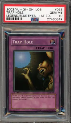 Yu-Gi-Oh! Trap Hole Legend of Blue Eyes 1st Edition Super Rare LOB-058 PSA 10 - Image 1