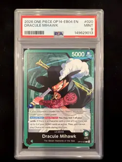 2026 ONE PIECE OP14 EB04 PSA 9 THE AZURE SEA'S SEVEN #020 DRACULE MIHAWK - Image 1