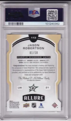 2020 Upper Deck Allure Jason Robertson RC Purple Diamond #01/10 Auto PSA 8 - Image 2