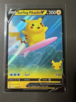 Pokemon TCG Surfing Pikachu v Celebrations Holo Ultra Rare Card 008/025 - Image 1