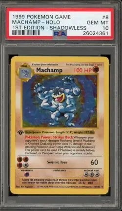 Pokemon Machamp Base Set Shadowless 1st Edition Holo Rare #8 PSA 10 Gem Mint - Image 1