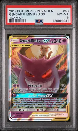 2019 POKEMON SUN & MOON TEAM UP #53 GENGAR & MIMIKYU GX PSA 8 - Image 1