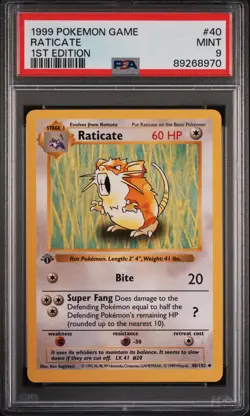 Pokemon Card Raticate 40/102 1st Edition PSA 9 Shadowless Base Set - Image 1